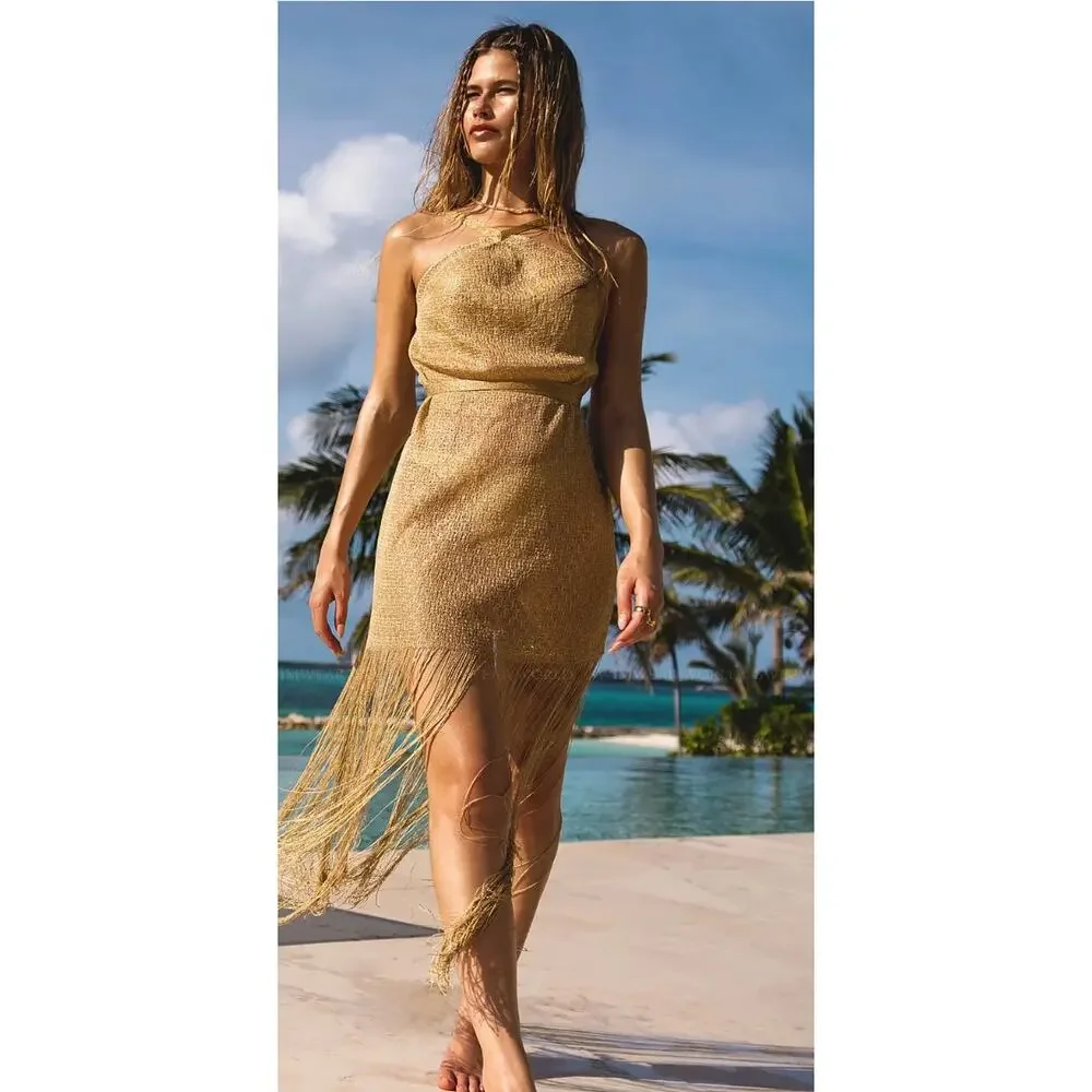 Luli Fama Dorada gold sheer fringe halter swim coverup